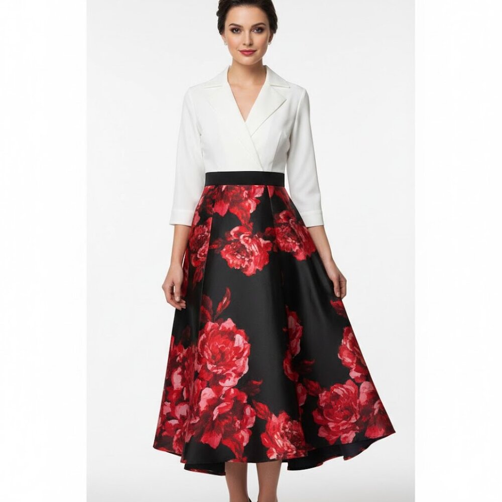 Alexa B. Nites Size 8 & 12 Midi Dress - Red and Black Floral Print